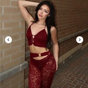FashionNova -Can’t Get Me Lace Pant Set -Burgundy-Size Small
